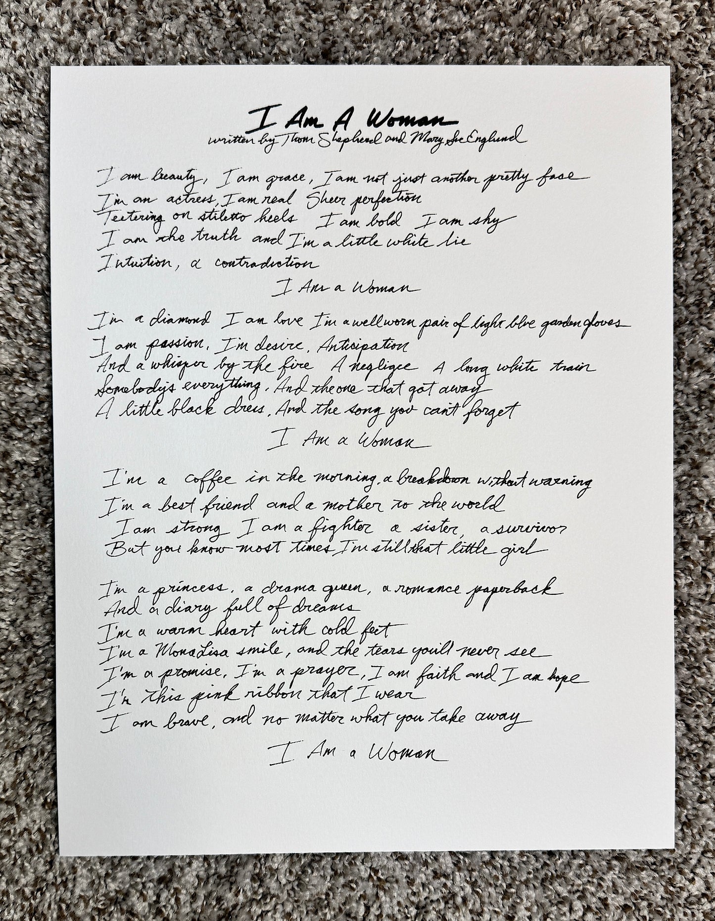 Hand Written Lyric - I Am A Woman